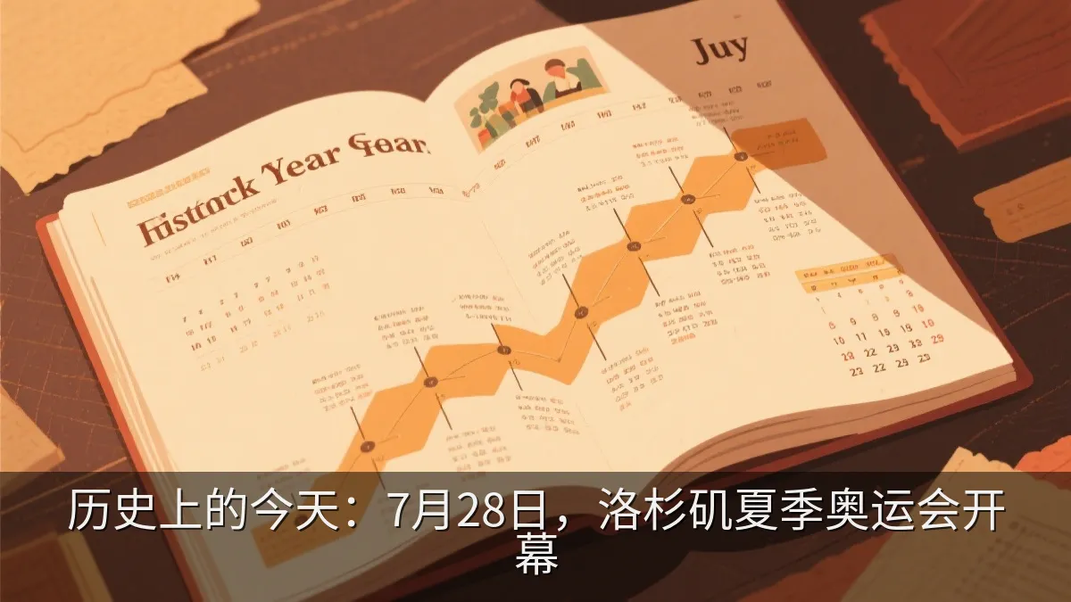 翻开的历史年表与七月日历插画